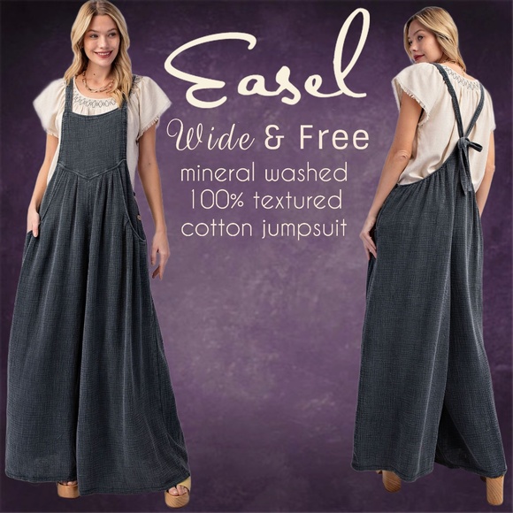 EASEL "Wide & Free" Cotton Mineral Washed Wide Statement Leg Adjustable Pockets - Picture 1 of 15
